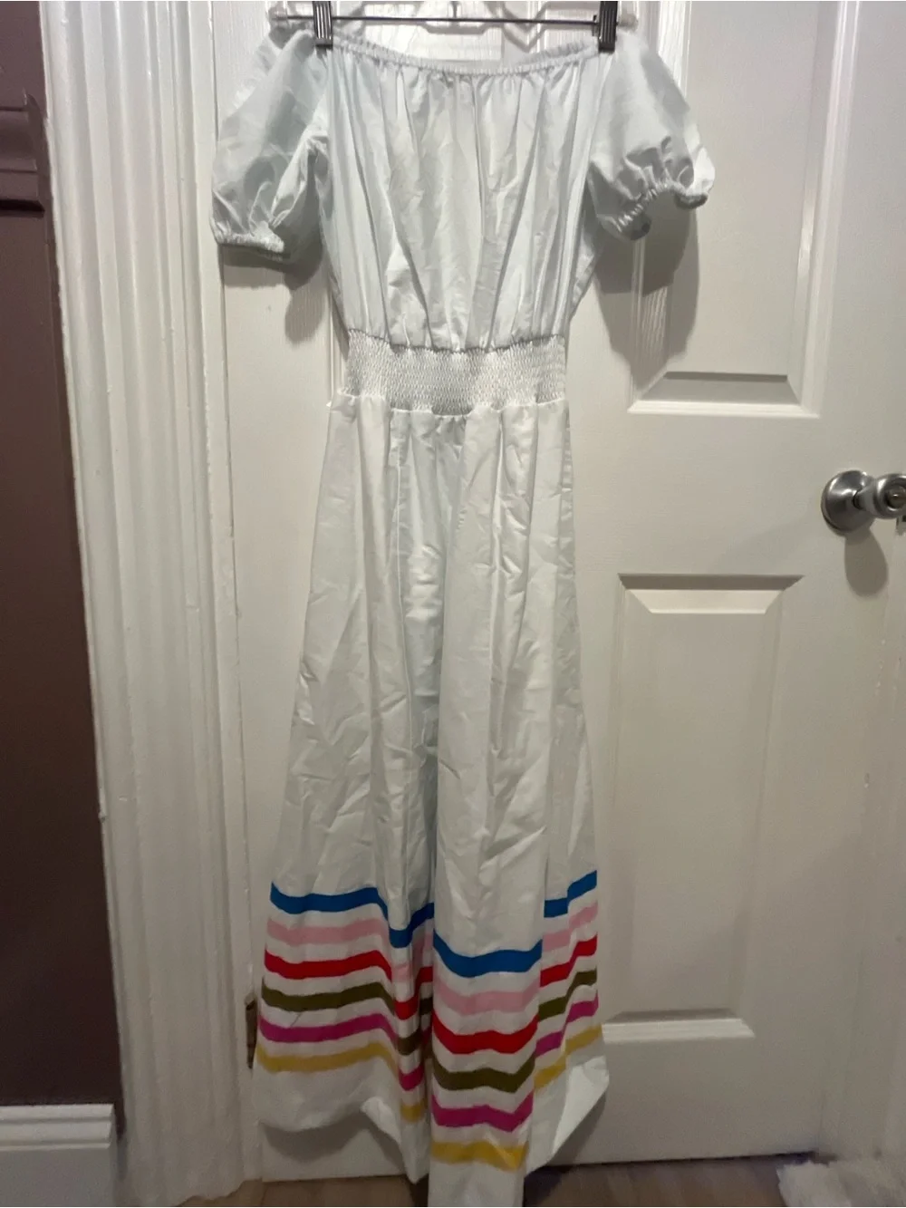 BODEN White Cotton Dress Colorful Stripes Puff Sleeve Size 4 - Picture 3 of 6